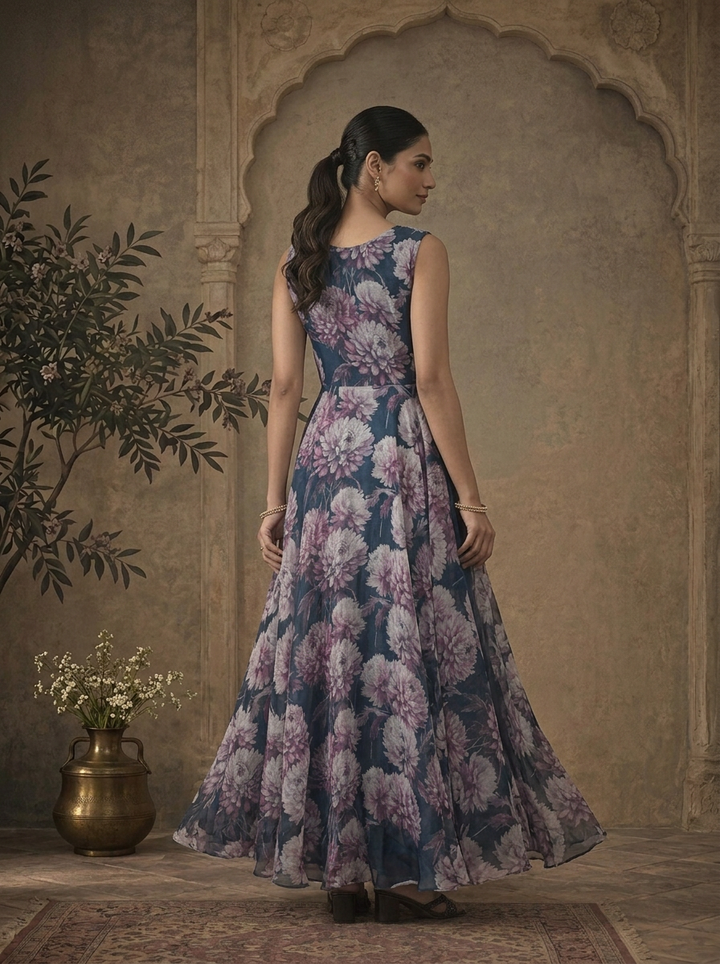 Navy Blue Chinon Dahlia Chrysanthemum Printed Dress