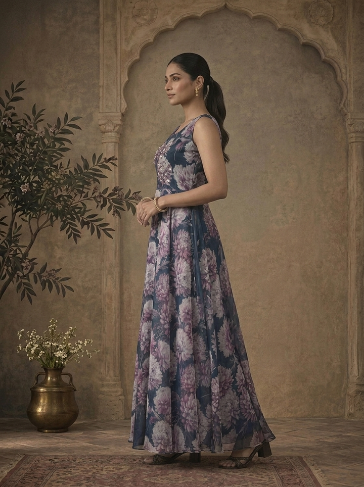 Navy Blue Chinon Dahlia Chrysanthemum Printed Dress