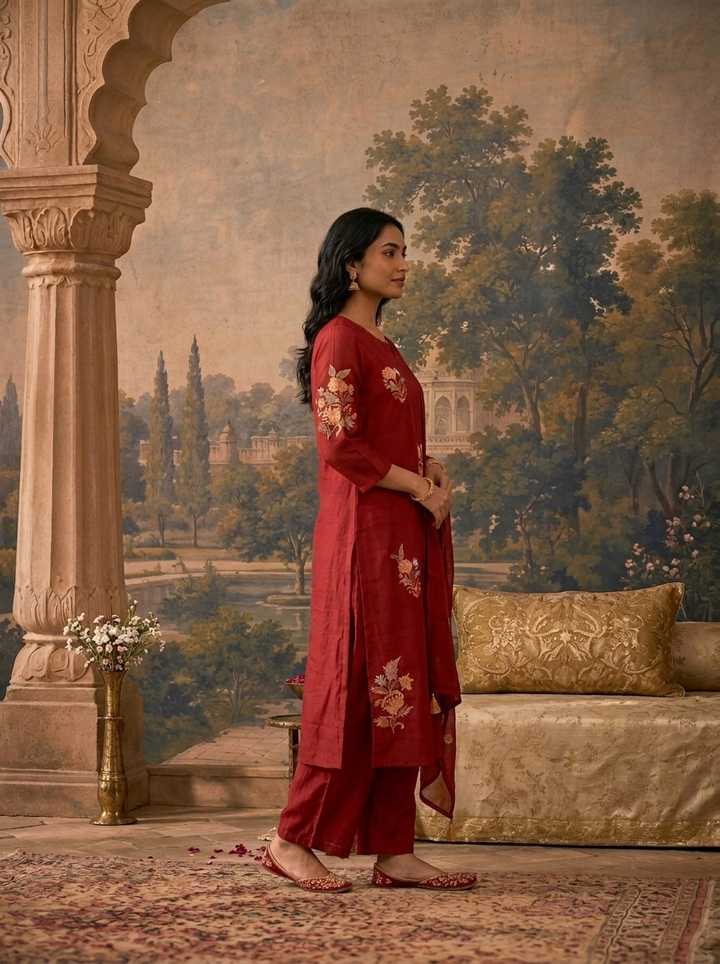 Maroon Chanderi Floral Block Thread Embroidered Three Piece Set