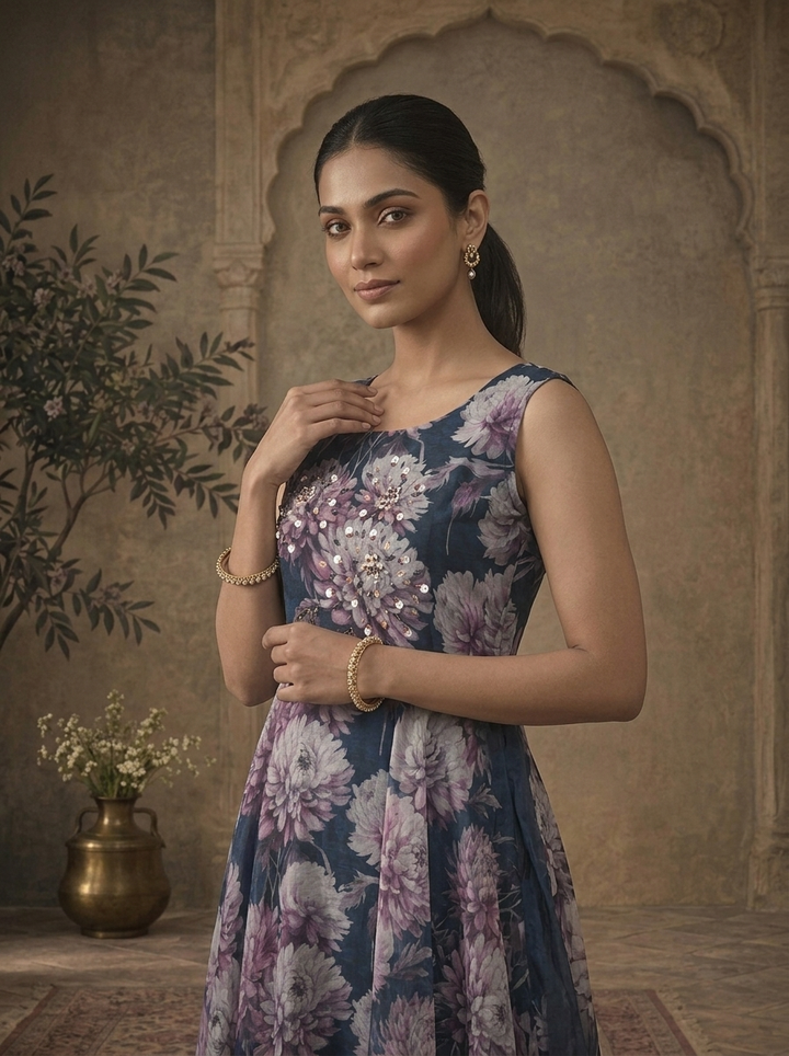 Navy Blue Chinon Dahlia Chrysanthemum Printed Dress