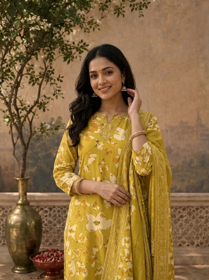 Lime Green Silk Floral Vine Printed Three Piece Set