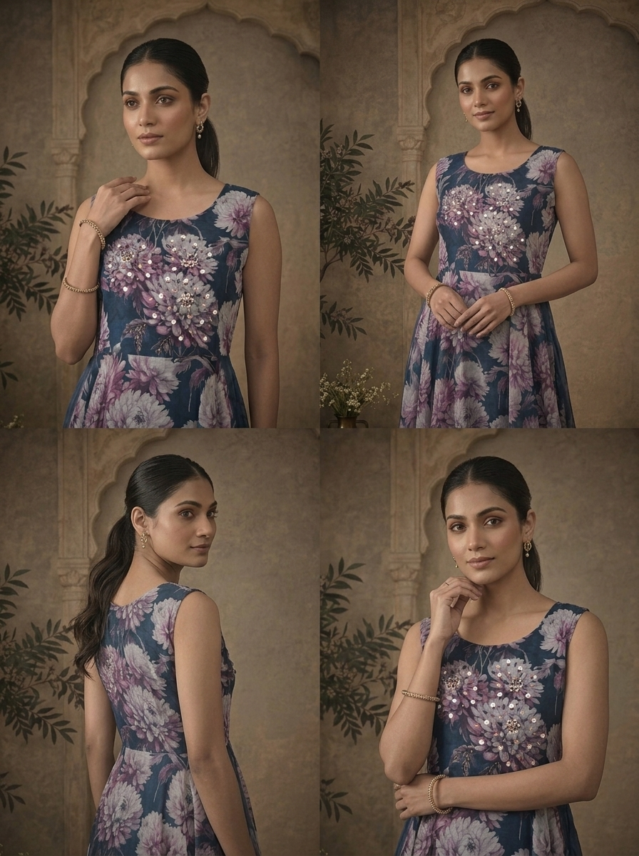 Navy Blue Chinon Dahlia Chrysanthemum Printed Dress
