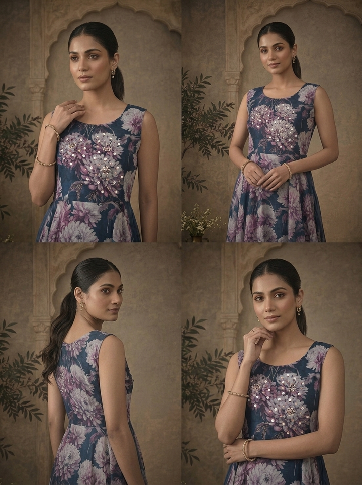 Navy Blue Chinon Dahlia Chrysanthemum Printed Dress
