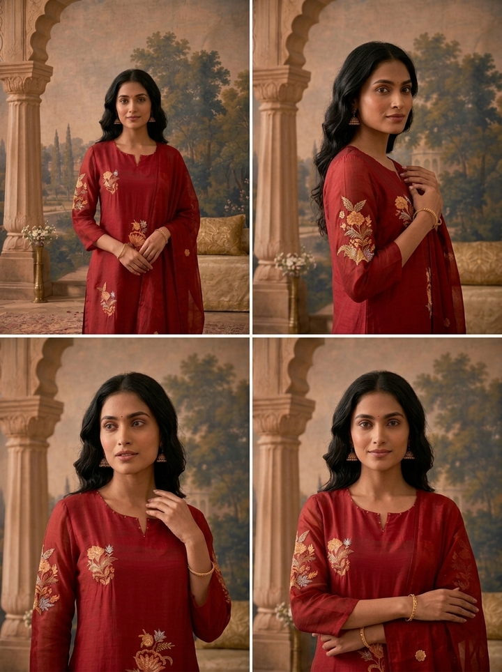Maroon Chanderi Floral Block Thread Embroidered Three Piece Set