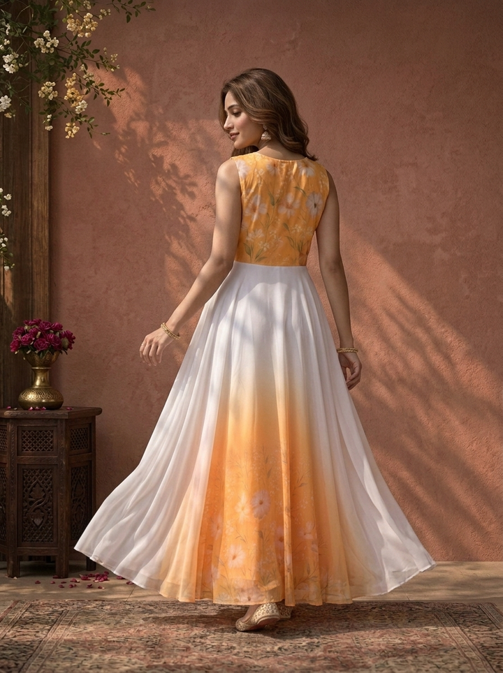 Yellow Chinon Ombre Gradient Small Floral Daisy Printed Dress