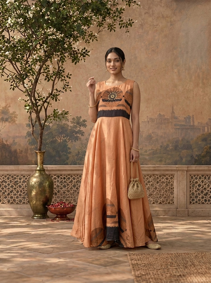Gold Silk Geometric Abstract Circle Printed Long Dress