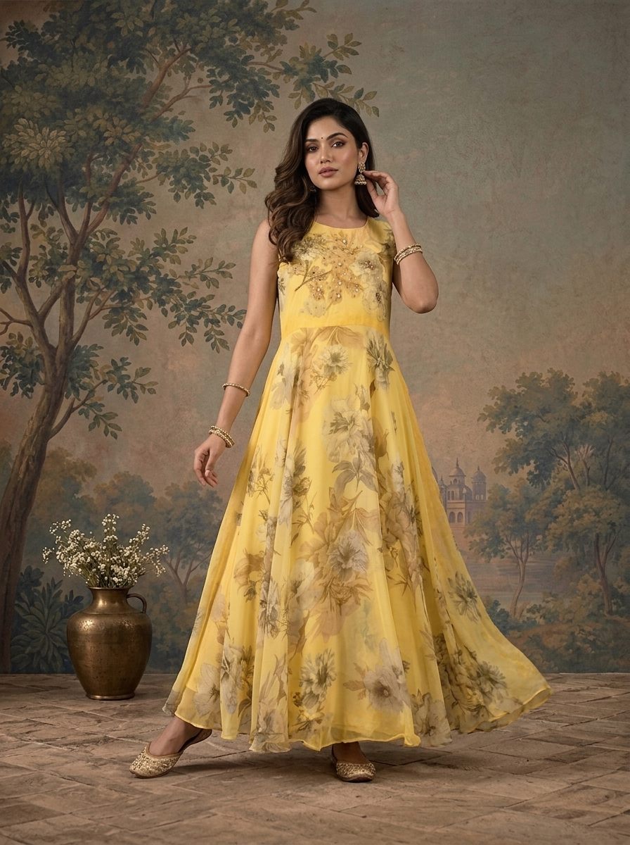 Yellow Georgette Large Floral Vine Printed Dress