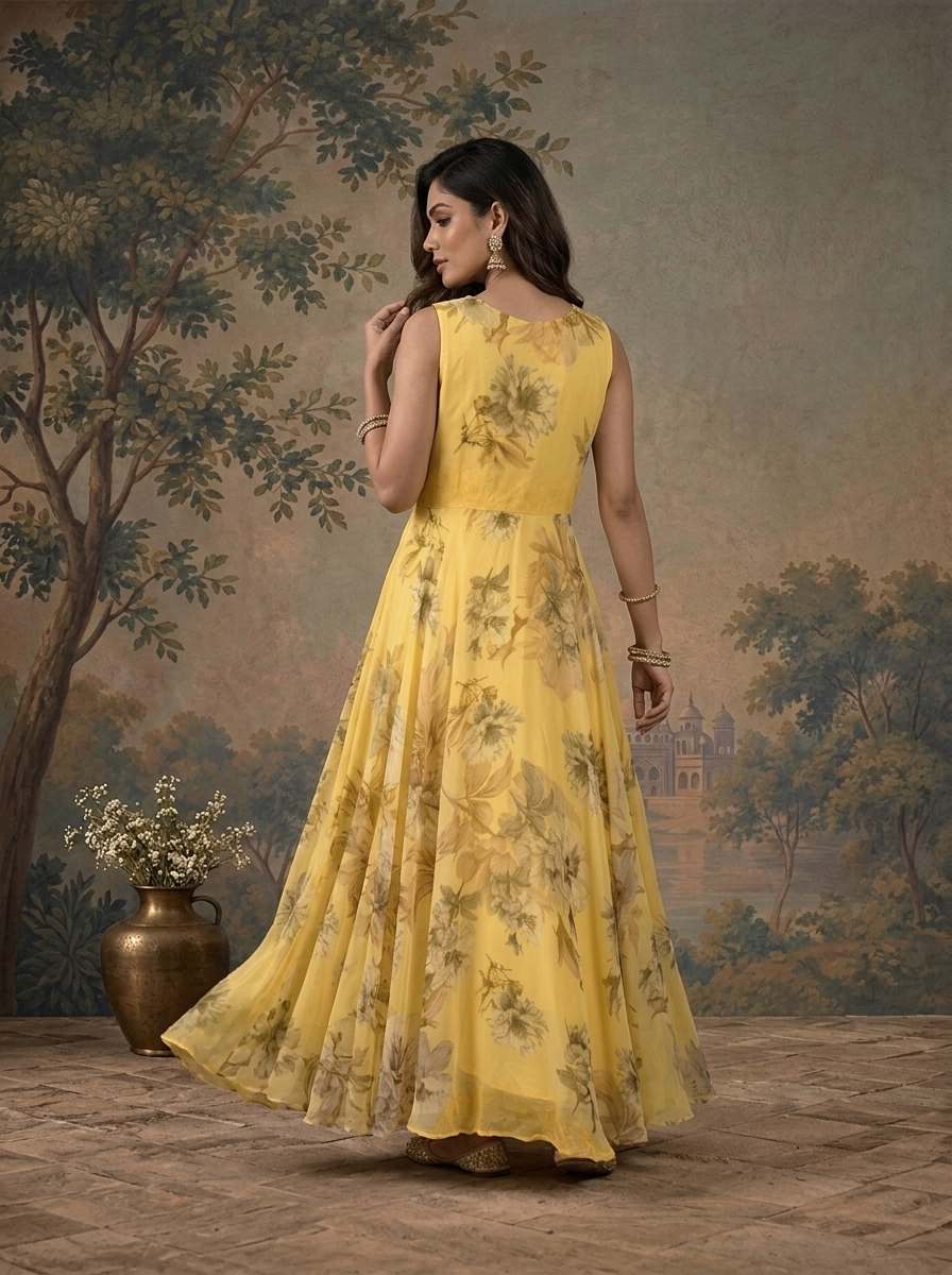 Yellow Georgette Large Floral Vine Printed Dress