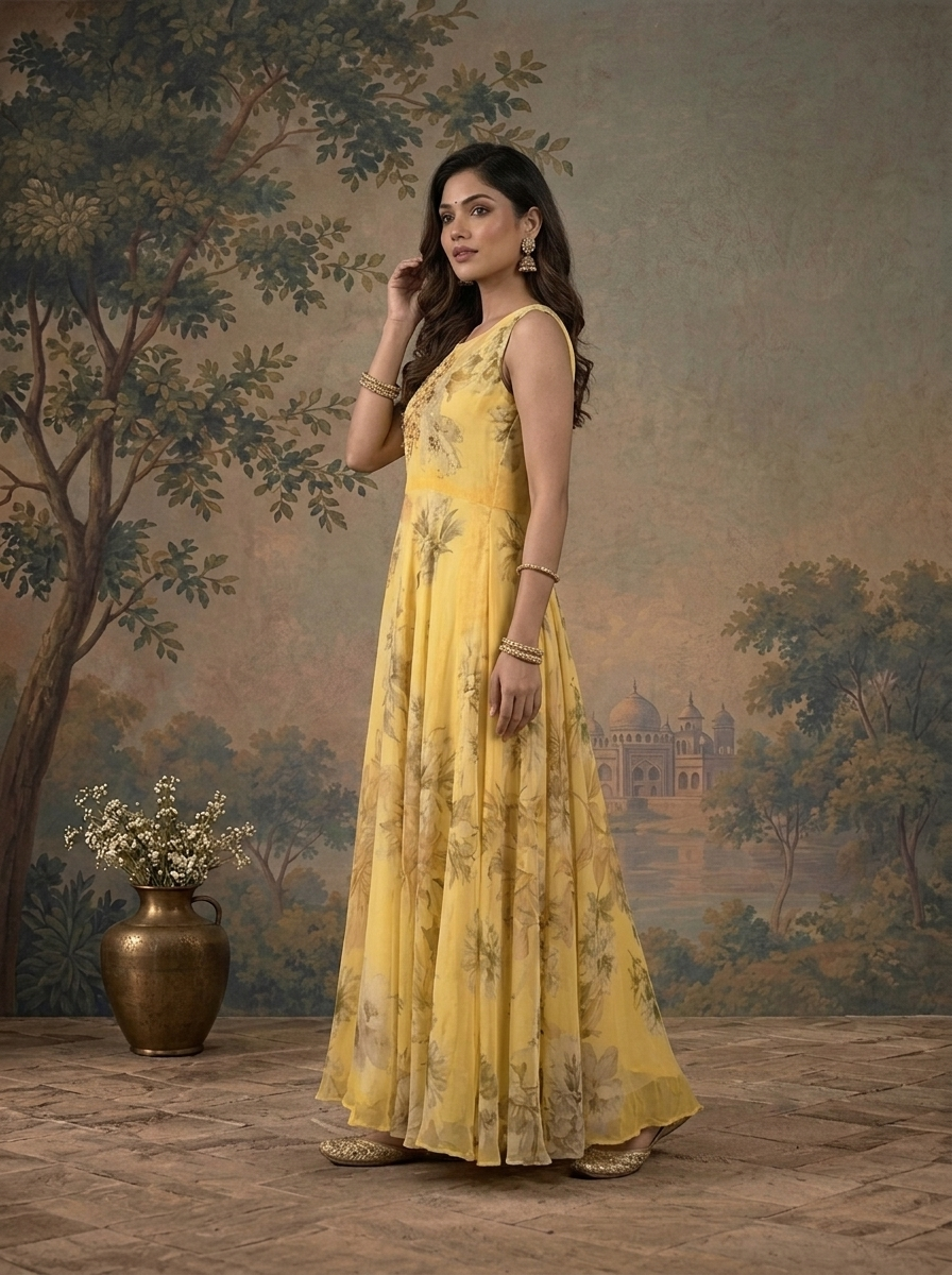 Yellow Georgette Large Floral Vine Printed Dress