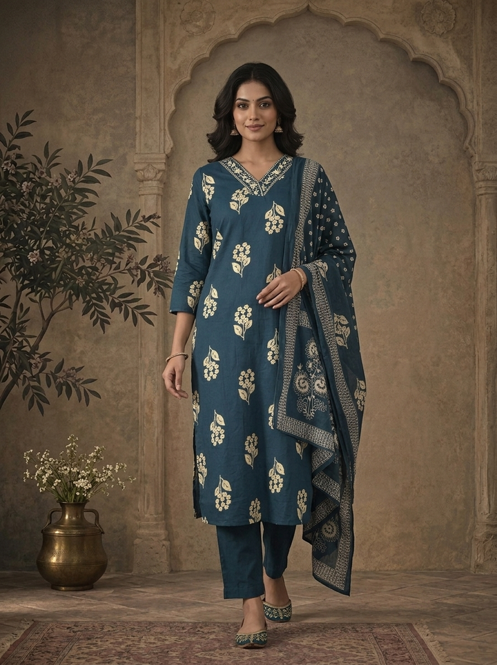 Teal Blue Cotton Small Floral Buti Cluster Printed Three Piece Set
