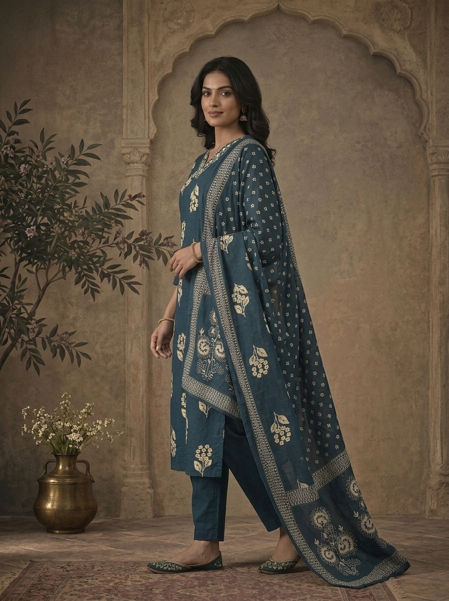 Teal Blue Cotton Small Floral Buti Cluster Printed Three Piece Set