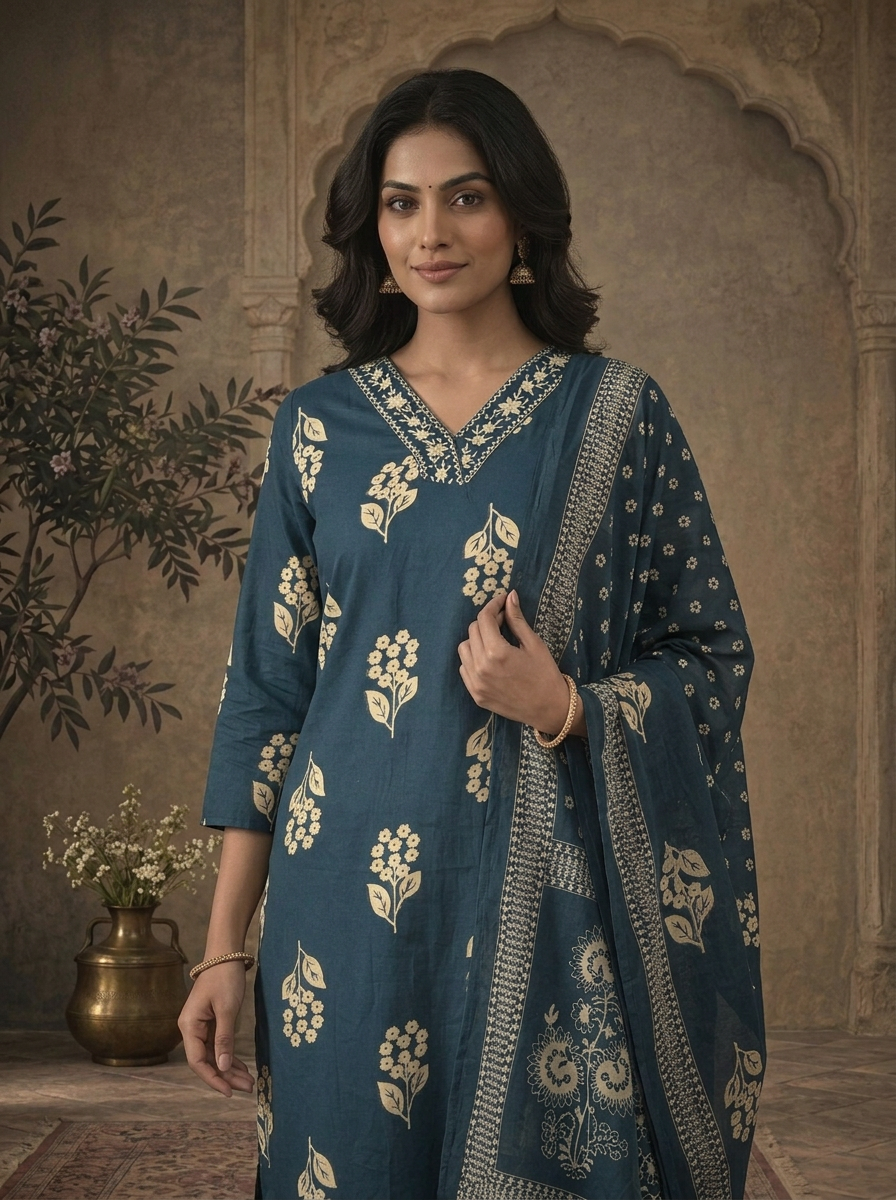 Teal Blue Cotton Small Floral Buti Cluster Printed Three Piece Set