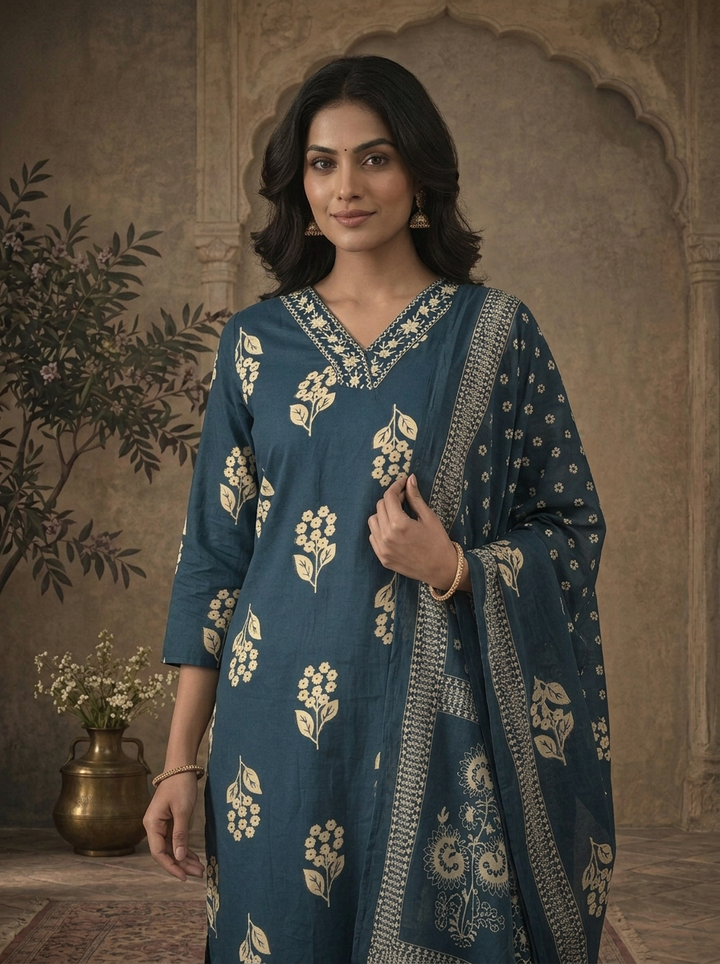 Teal Blue Cotton Small Floral Buti Cluster Printed Three Piece Set