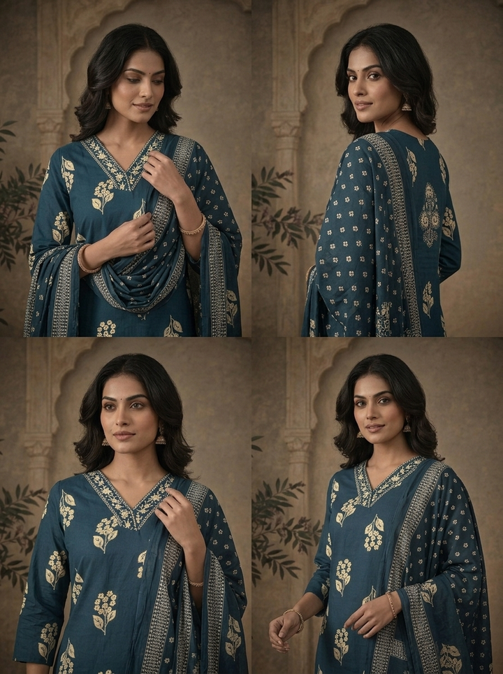 Teal Blue Cotton Small Floral Buti Cluster Printed Three Piece Set