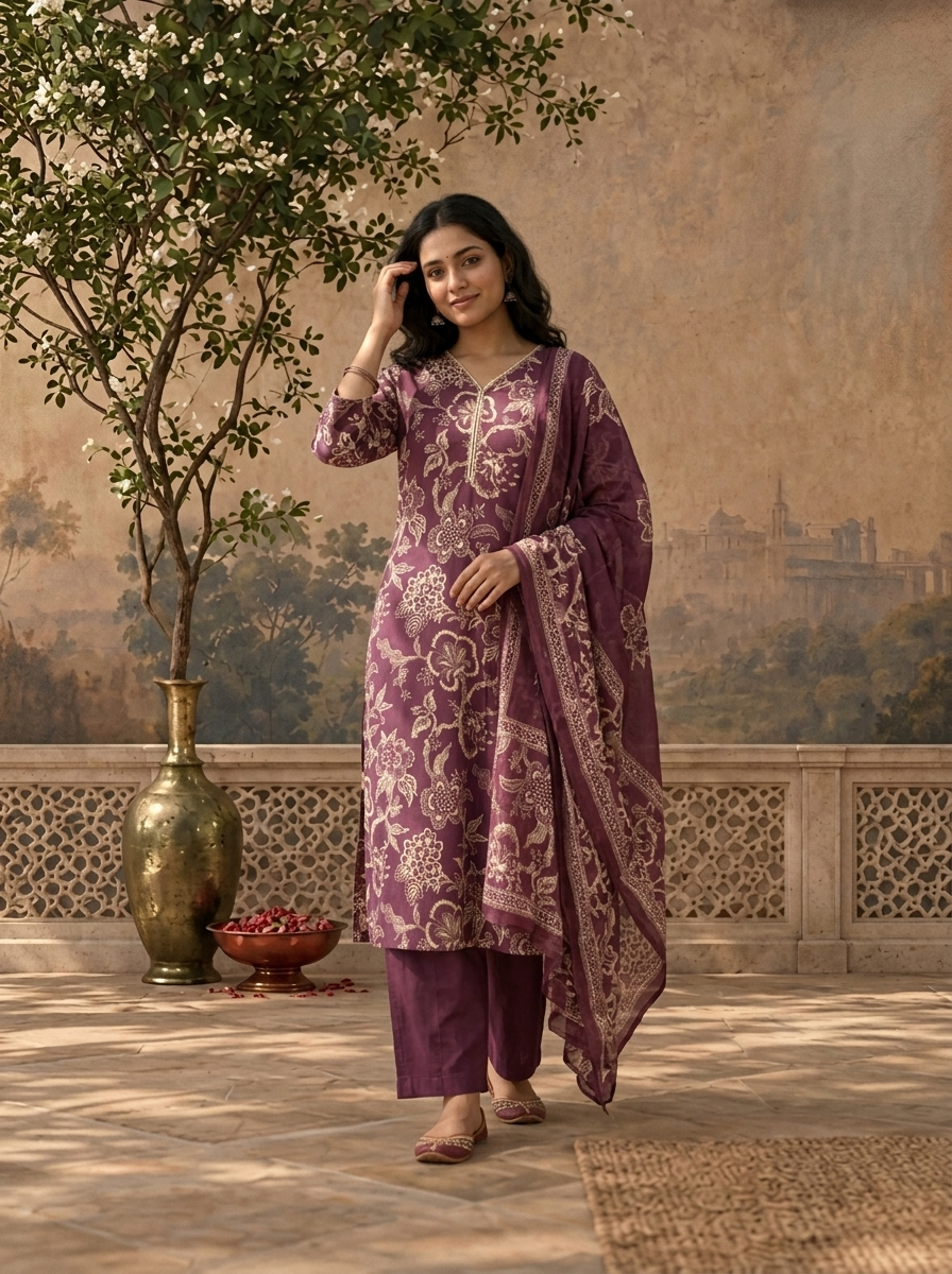 Purple Cotton Vintage Floral Printed Three Piece Set
