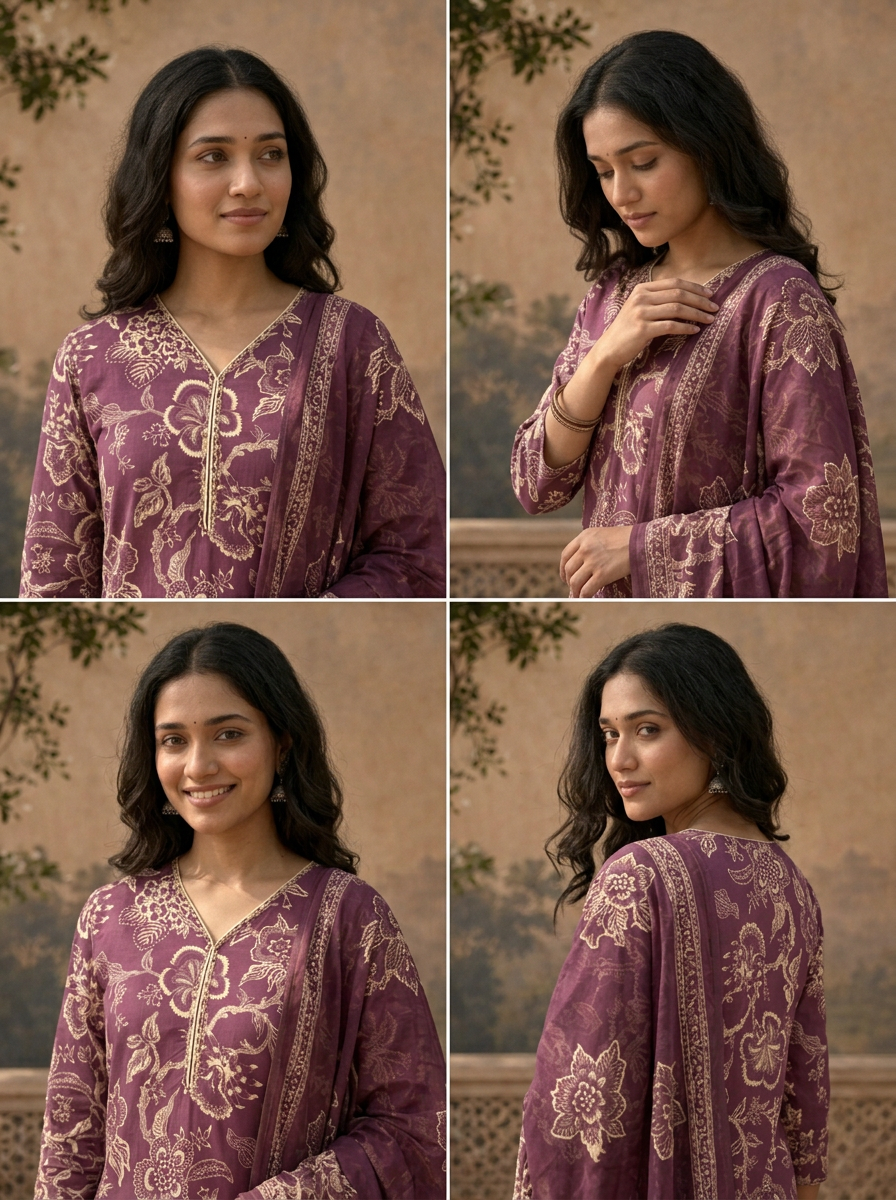 Purple Cotton Vintage Floral Printed Three Piece Set