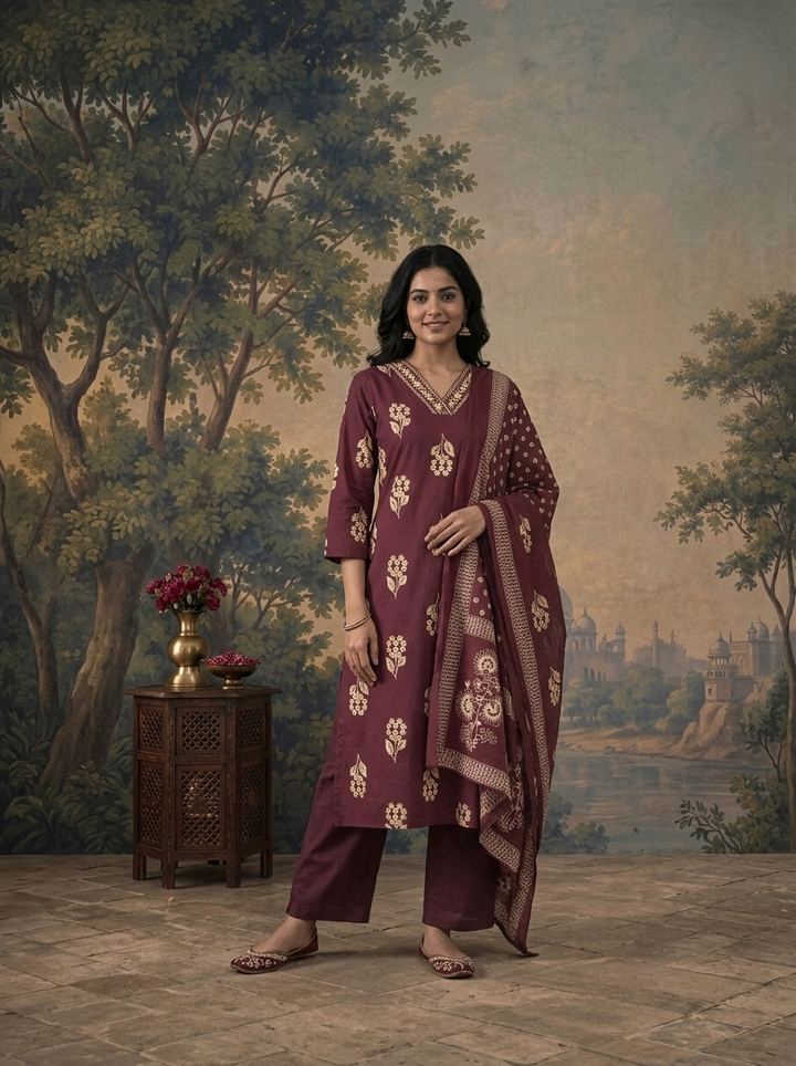 Wine Cotton Small Floral Buti Cluster Printed Three Piece Set