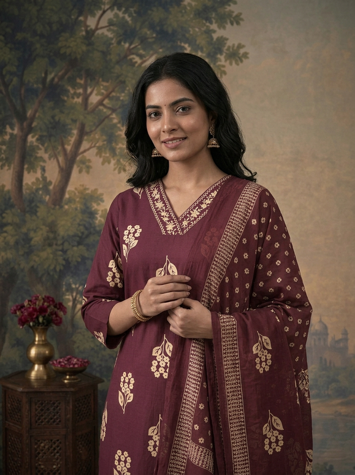 Wine Cotton Small Floral Buti Cluster Printed Three Piece Set