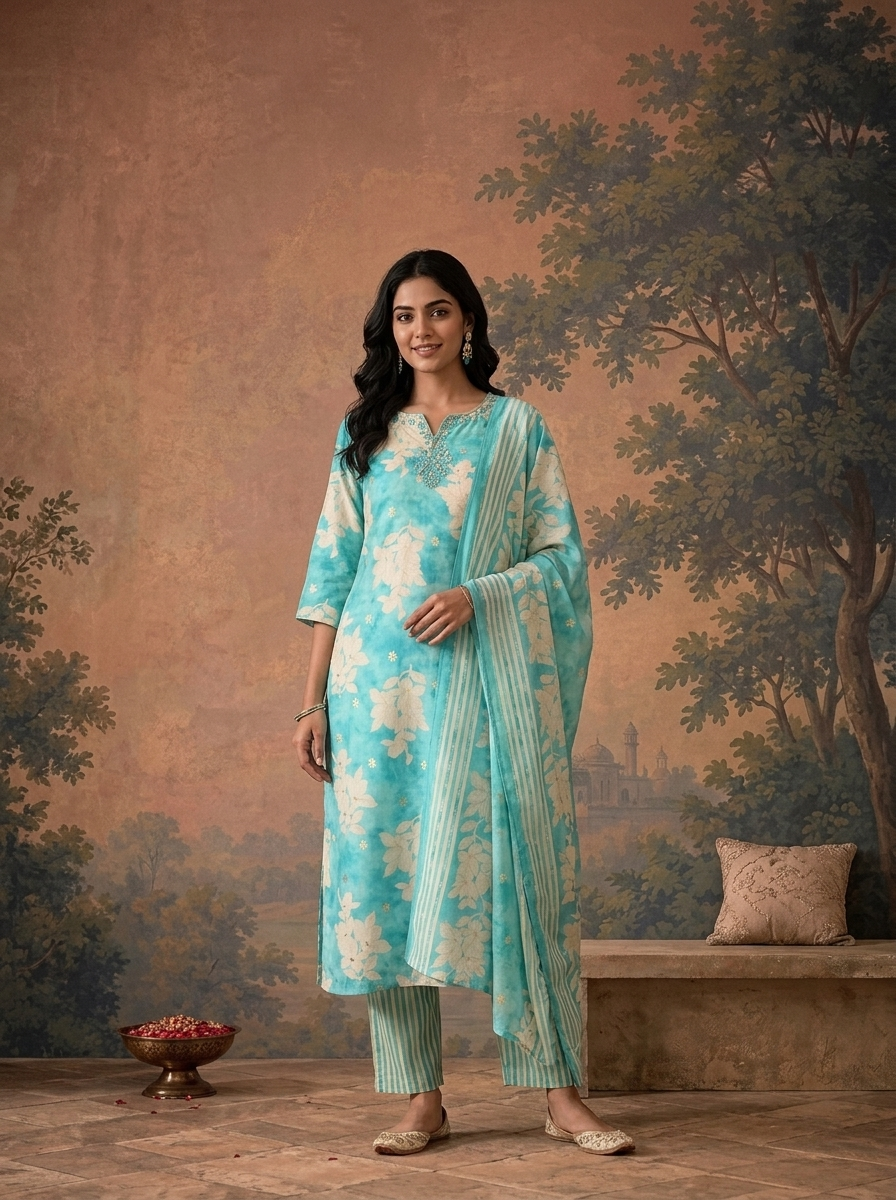 Ferozi Rayon Floral Magnolia Orchid Printed Three Piece Set