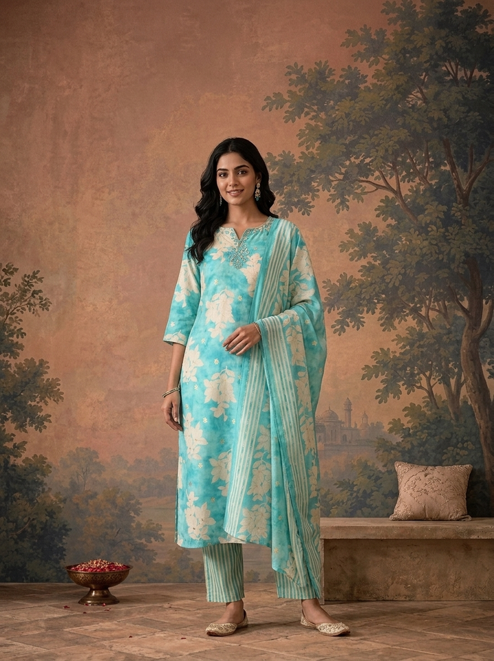 Ferozi Rayon Floral Magnolia Orchid Printed Three Piece Set