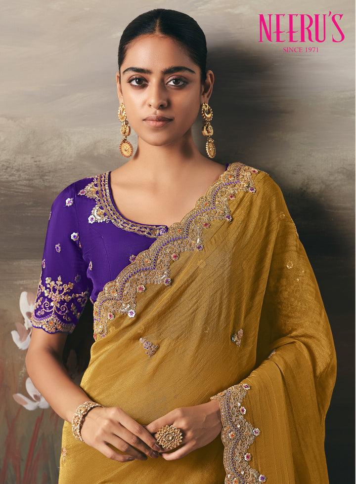 Mustard Tissue Saree With Sequins And Zari Work