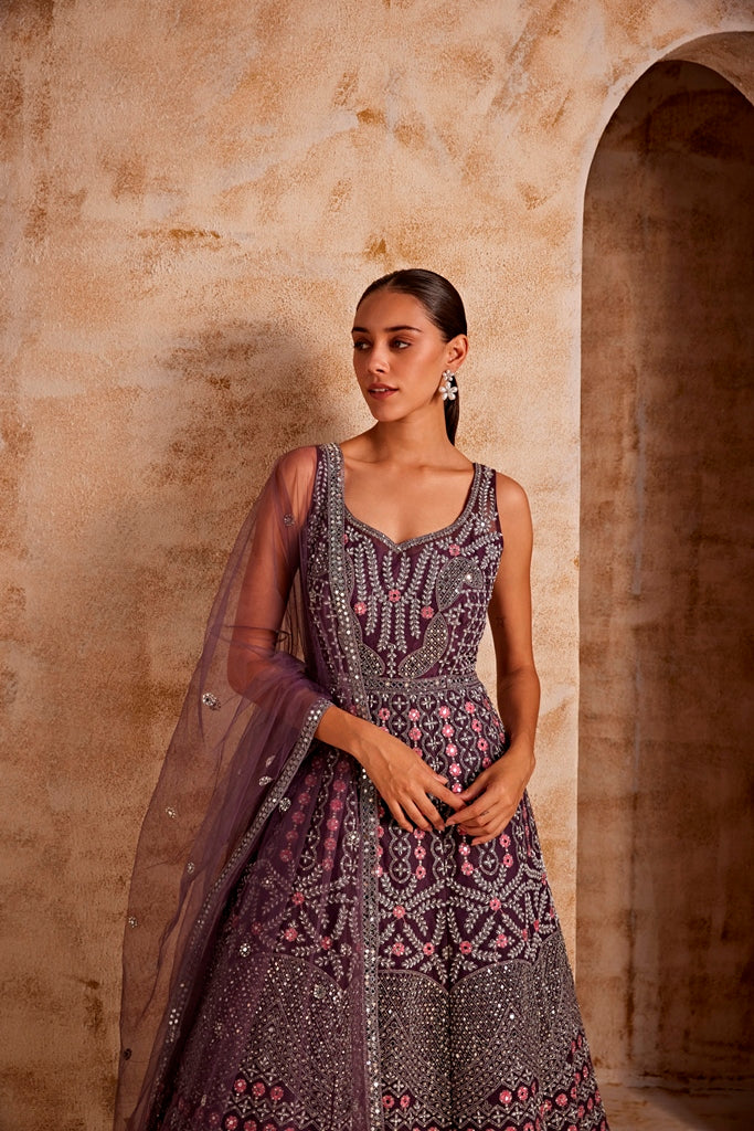 Neerus Women Wine Color Nett Fabric Gown