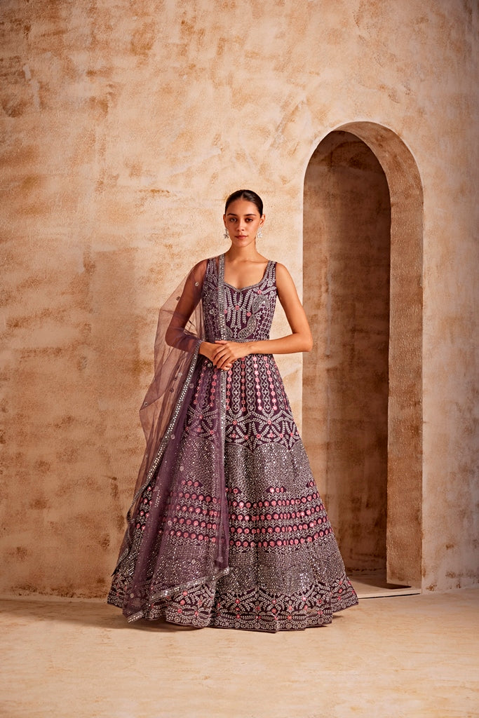 Neerus Women Wine Color Nett Fabric Gown