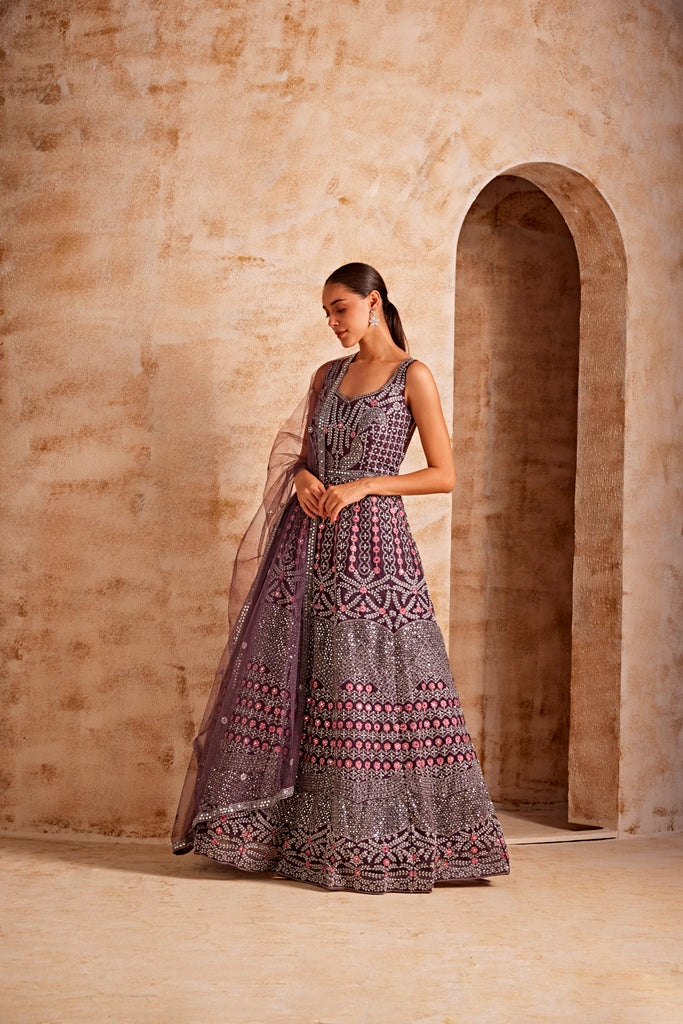 Neerus Women Wine Color Nett Fabric Gown