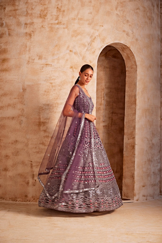 Neerus Women Wine Color Nett Fabric Gown