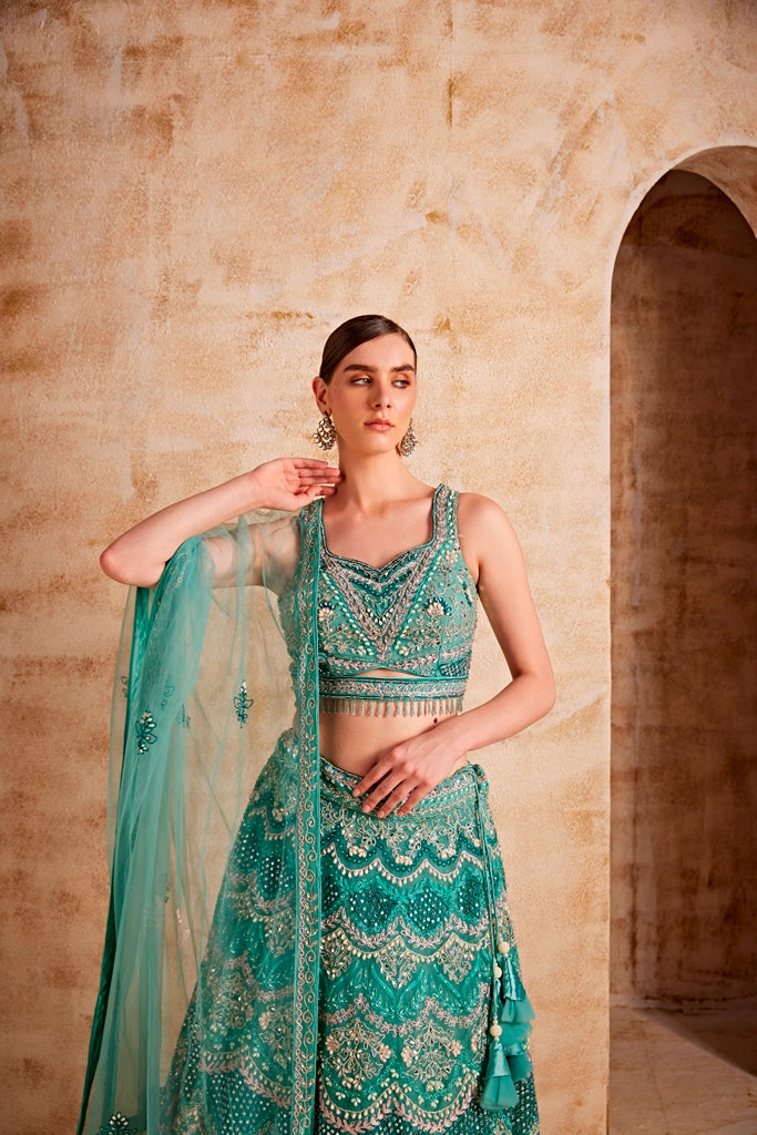 Neerus Women Sea Green Color Nett Fabric Ghagra Set