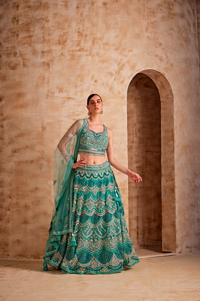 Neerus Women Sea Green Color Nett Fabric Ghagra Set