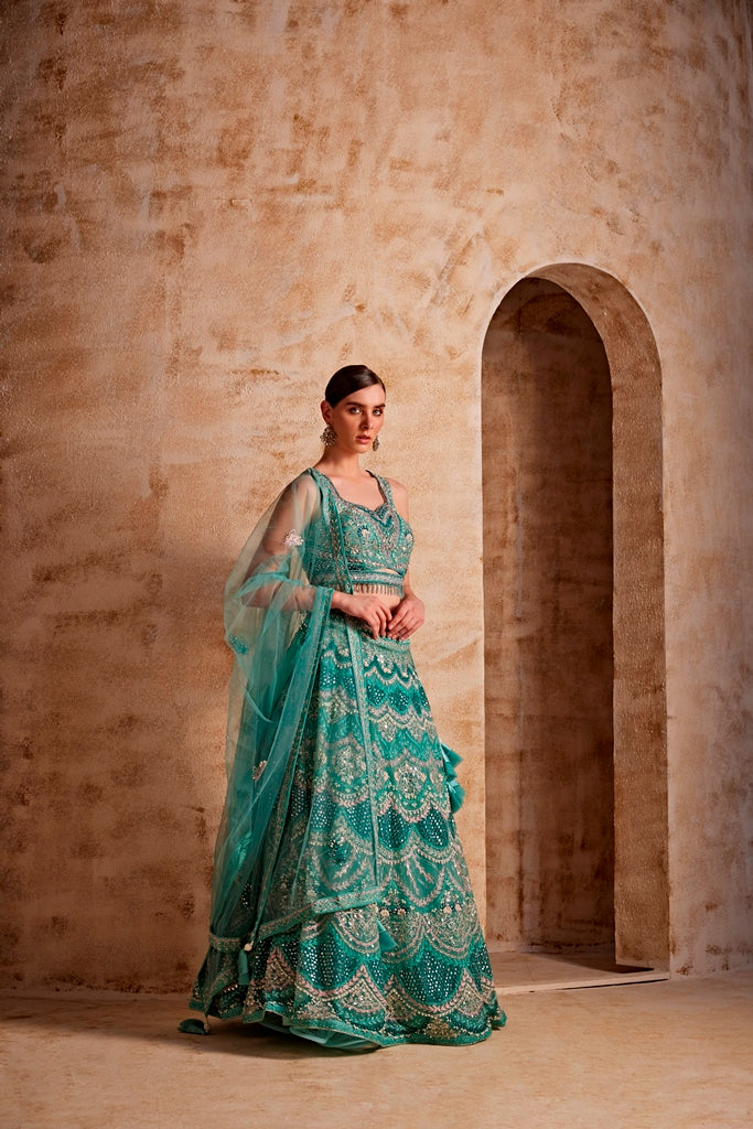 Neerus Women Sea Green Color Nett Fabric Ghagra Set