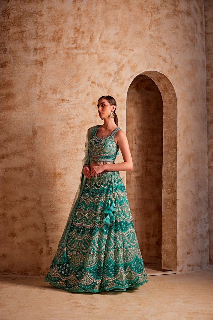 Neerus Women Sea Green Color Nett Fabric Ghagra Set