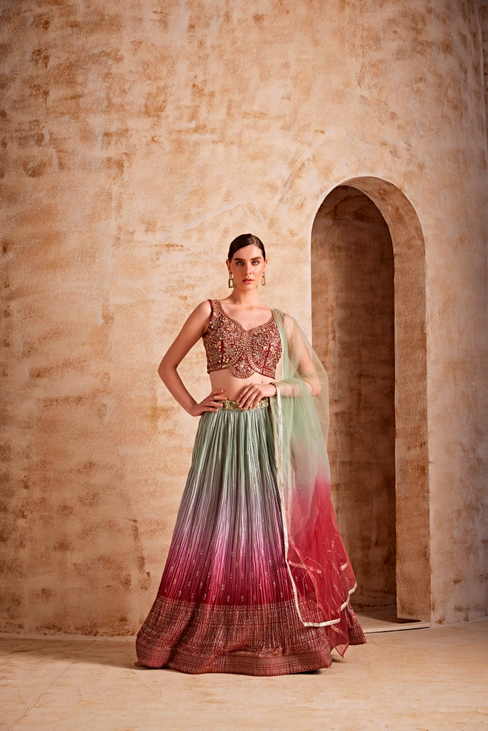 Neerus Women Wine Color Embroidered Ghagra Set