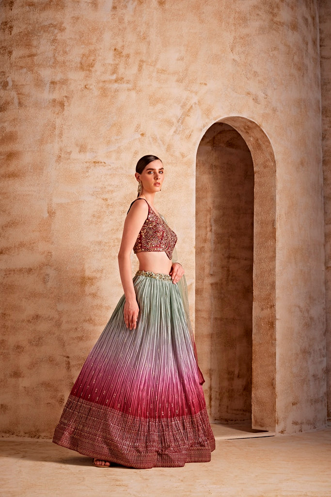 Neerus Women Wine Color Embroidered Ghagra Set