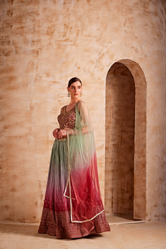 Neerus Women Wine Color Embroidered Ghagra Set