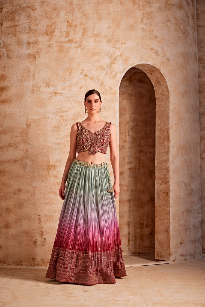 Neerus Women Wine Color Embroidered Ghagra Set