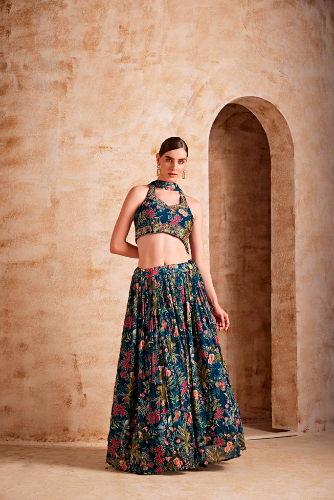 Neerus Women Peacock Color Floral Ghagra Set