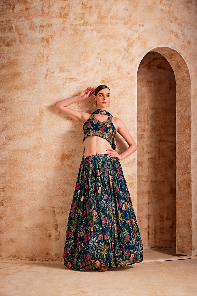 Neerus Women Peacock Color Floral Ghagra Set