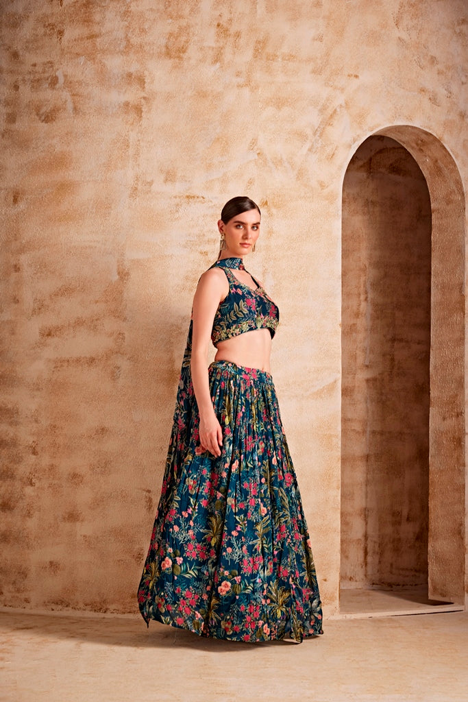 Neerus Women Peacock Color Floral Ghagra Set