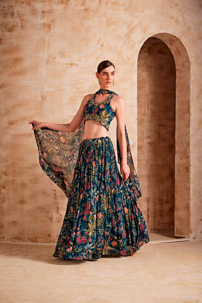 NEERU'S WOMEN PEACOCK COLOR FLORAL GHAGRA SET