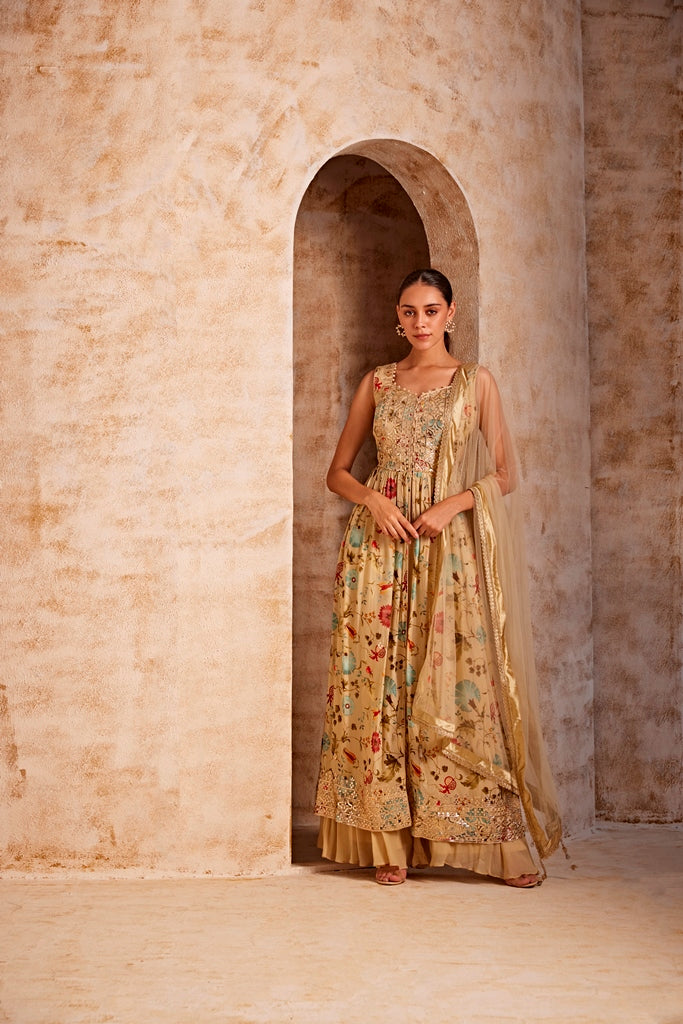 Neerus Beige Color Crepe Fabric Suit Set