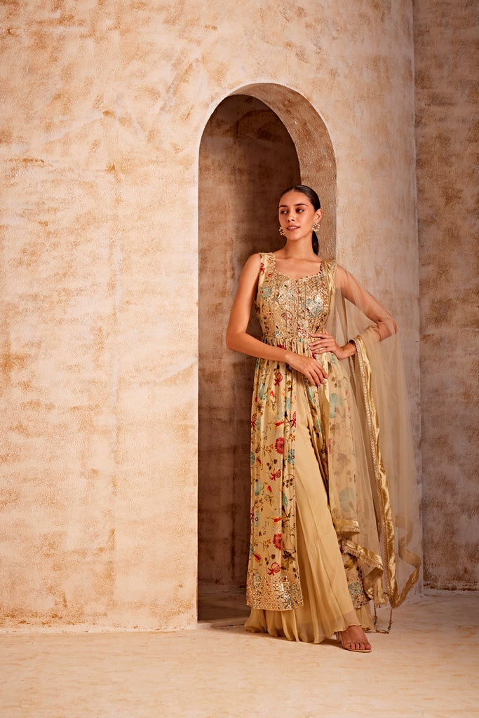 Neerus Beige Color Crepe Fabric Suit Set