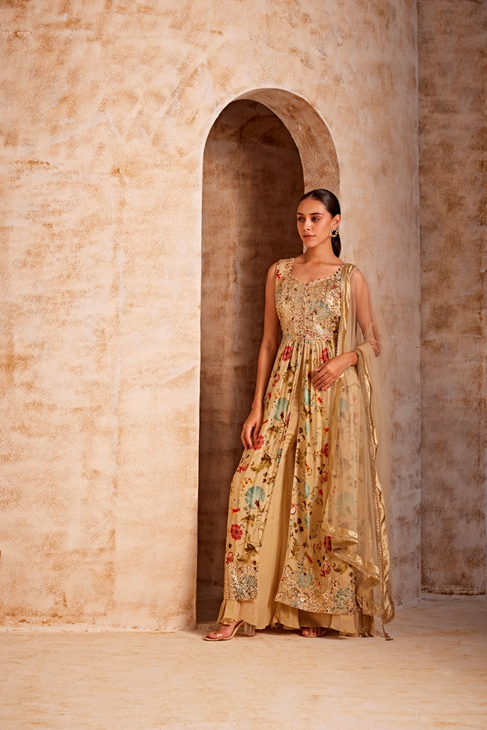 Neerus Beige Color Crepe Fabric Suit Set