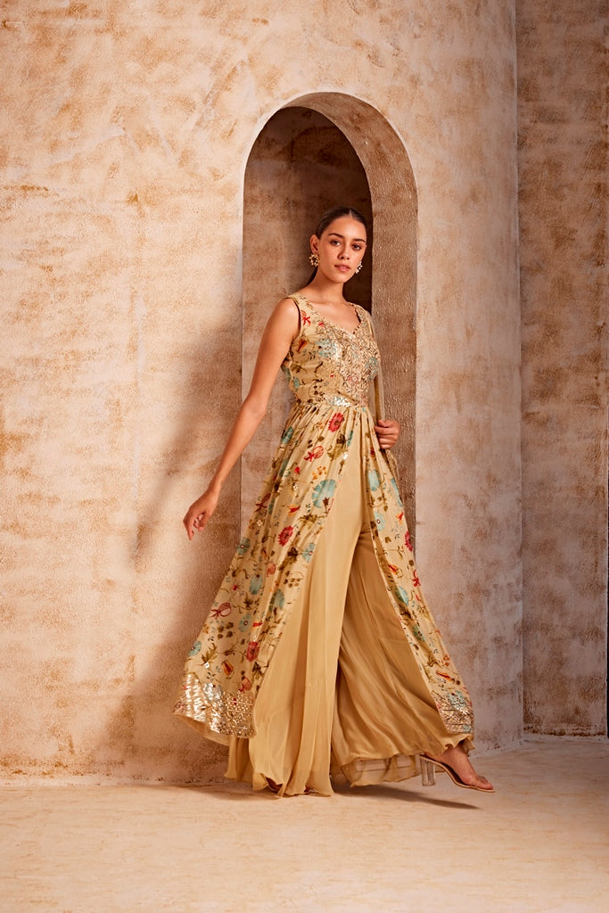 Neerus Beige Color Crepe Fabric Suit Set