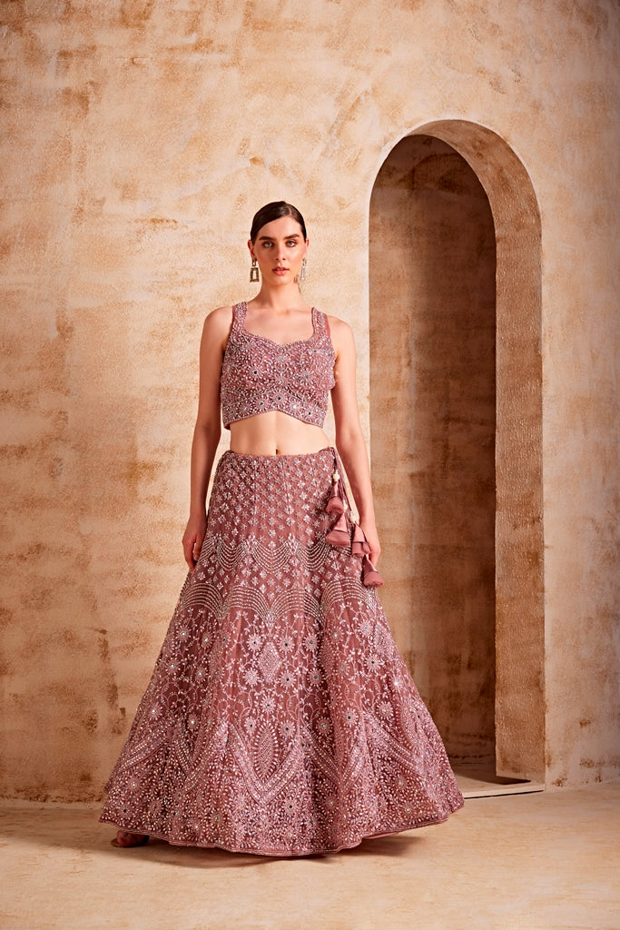 Neerus Women Onion Color Nett Fabric Ghagra Set