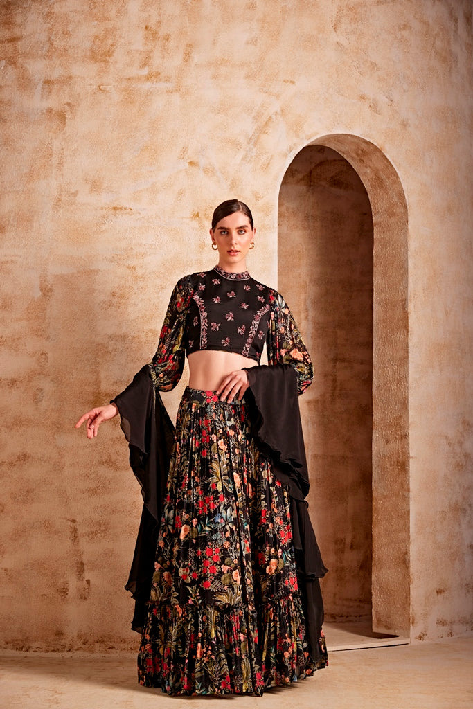 Neerus Black Color Chiffon Fabric Floral Ghagra Set