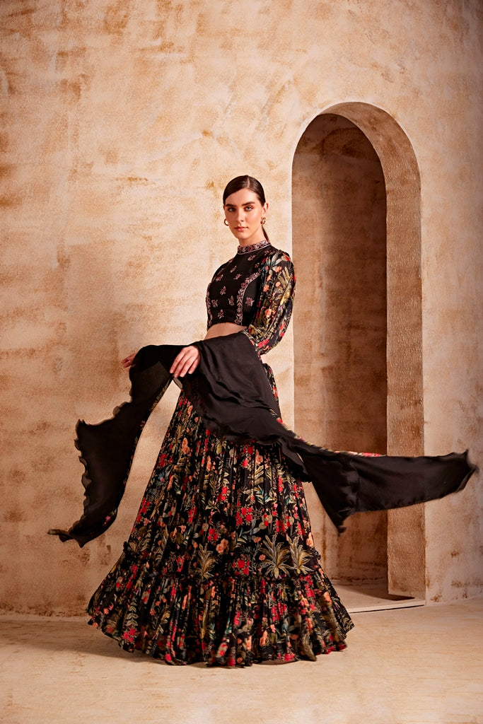 Neerus Black Color Chiffon Fabric Floral Ghagra Set