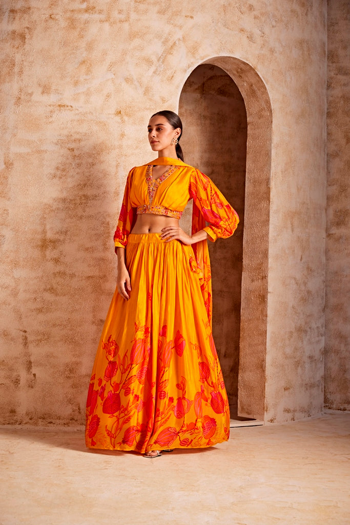 Neerus Women Mustard Color Floral Gharga Set