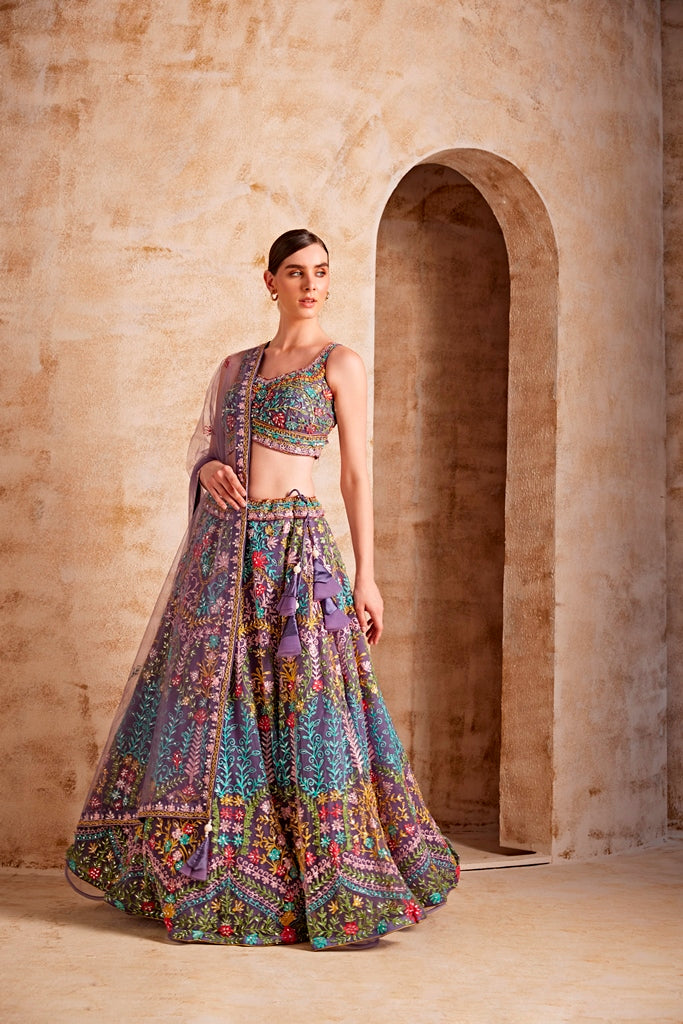 Neerus Wine Color Nett Fabric Embroidered Ghagra Set